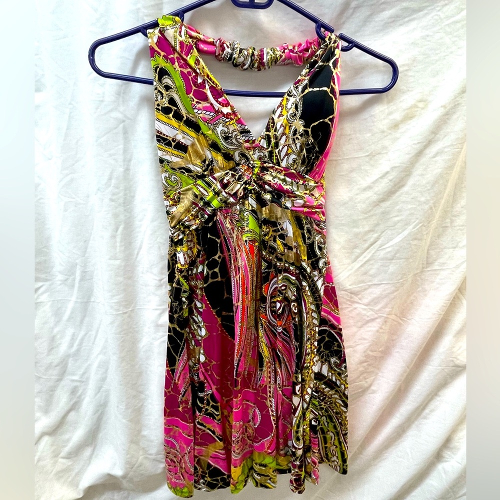 NEW!!! Canzone Vibrant Pink and Black halter back Dress ladies sz S